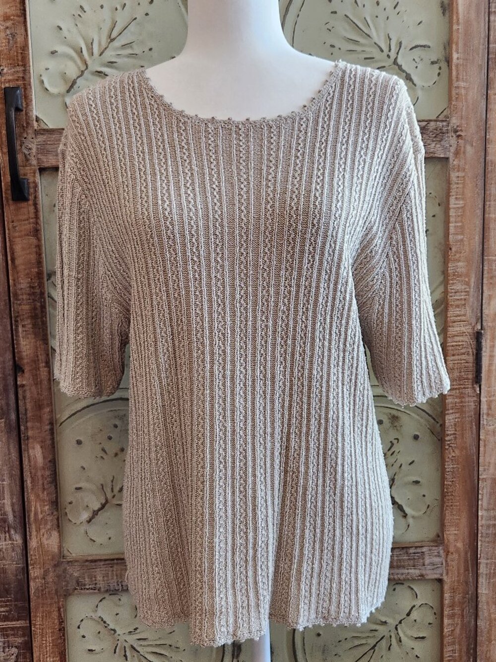 Beige Silk Blend Knit Short Sleeve Scoop Neck Sweater | Large